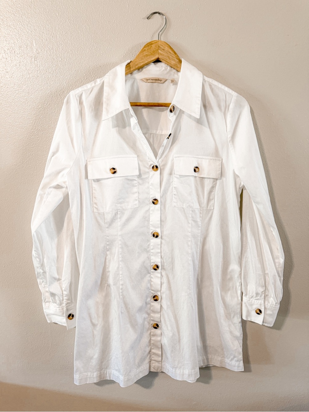 Soft Surrounding | White Long Sleeve Tortoise Shell Button Down Blouse